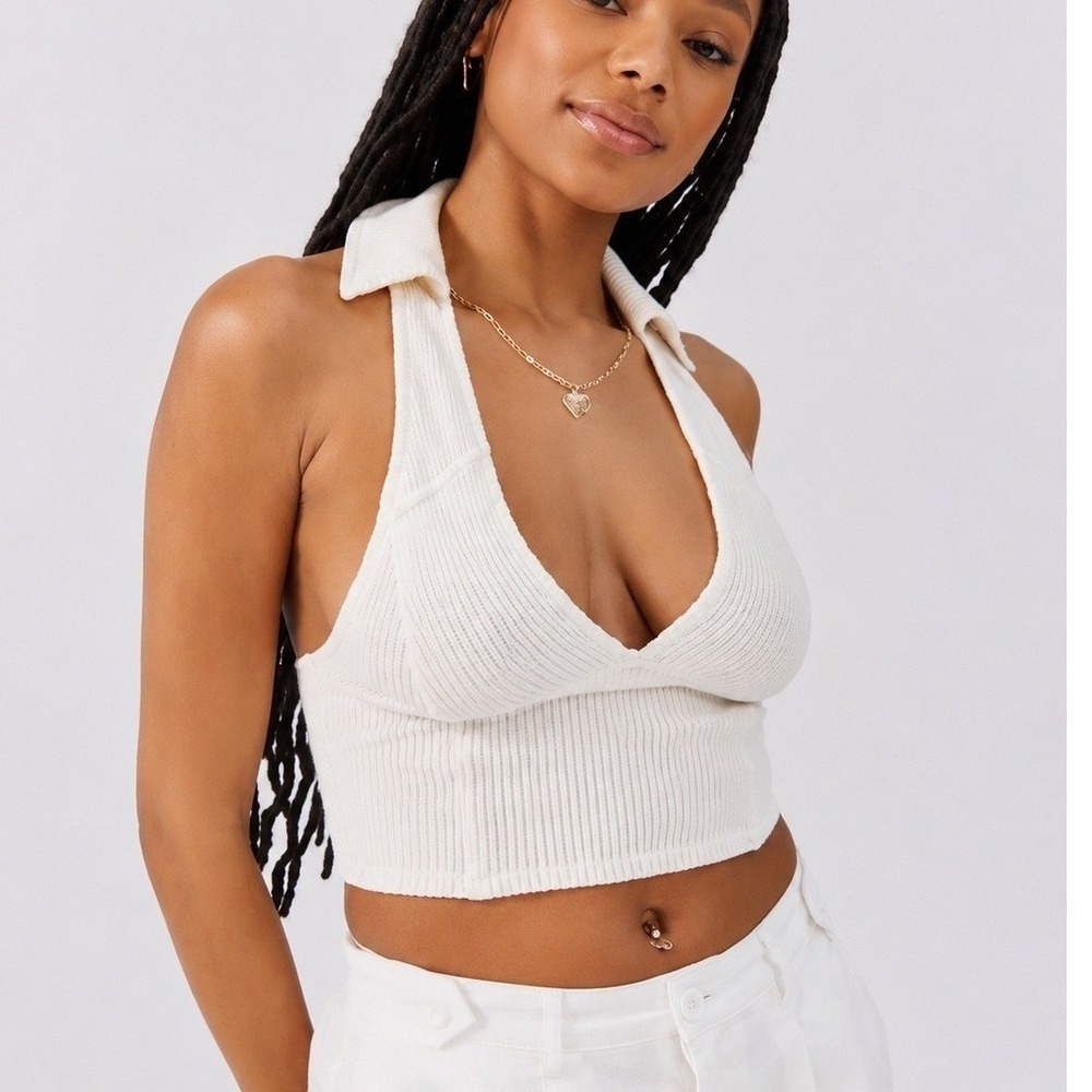 Urban Outfitters Halter Top Womens Ribbed Collared V-Neck Cream XS Y2K Sporty